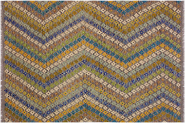 Flat Weave Kilim, Antique, Navaho, Vintage, Handmade, Modern Kilim Ivory Gray Hand-Woven Rectangle 100% Wool Area Rug 5 x 8